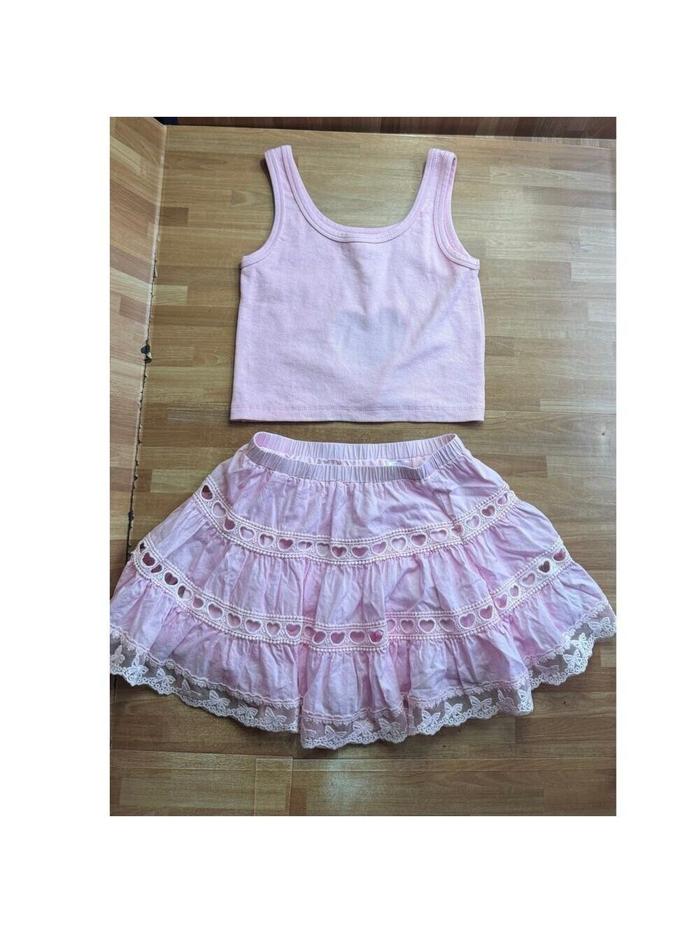 Theme NYC Sofia Pink Heart Bow Lace Mini Skirt set size large